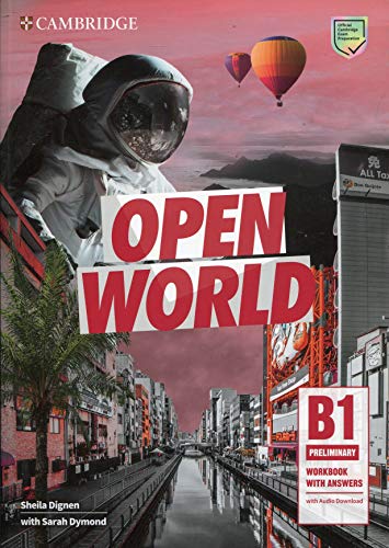 “Open World” Preliminary workbook cover with astronaut, balloons, and city scene.