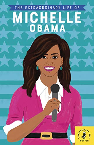 "Book cover featuring cartoon Michelle Obama in pink, holding a microphone, against a teal starry background."