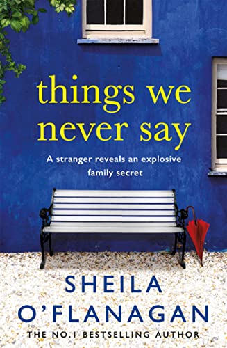 Book cover: "Things We Never Say" with a bench and red umbrella.