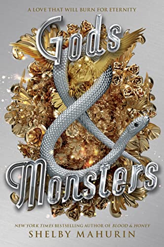 Book cover: "Gods & Monsters" with gold floral design and a silver snake.