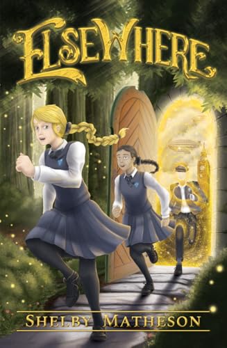 Two girls in school uniforms run towards a glowing doorway in a forest.