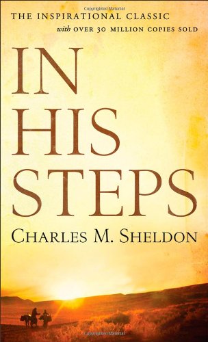 Book cover for "In His Steps" by Charles M. Sheldon, with a sunset scene.