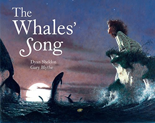 "Book cover: girl on a rock, whales breaching, full moon in the background."