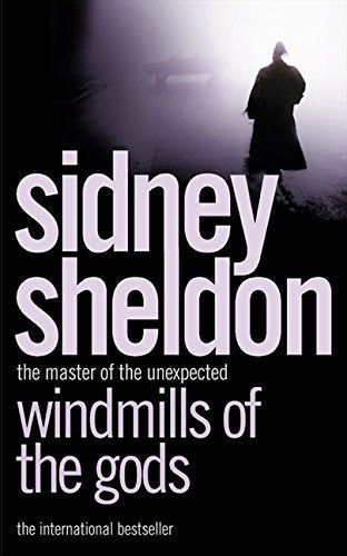 Book cover: "Windmills of the Gods" by Sidney Sheldon, figure in silhouette.