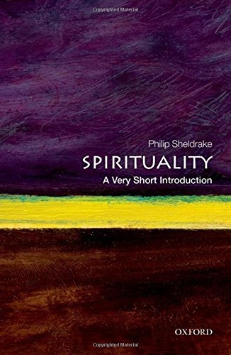 Book cover: "Spirituality VSI" by Philip Sheldrake, purple and yellow abstract design.