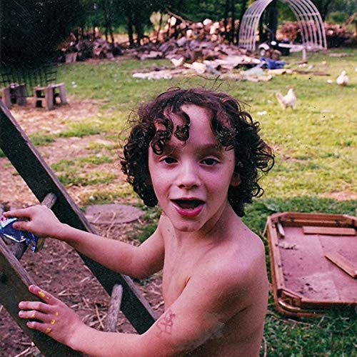 A young child with curly hair stands shirtless in a grassy yard with chickens.