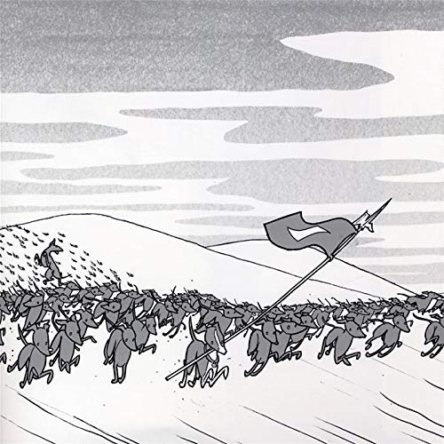 Black and white illustration of many running Italian Greyhounds with a flag.