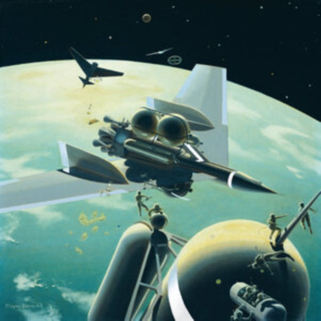 Retro science fiction album cover depicting spaceships and astronauts in orbit.