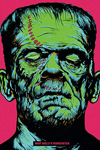 Stylized green and blue portrait of Frankenstein's monster with stitches against a pink background.