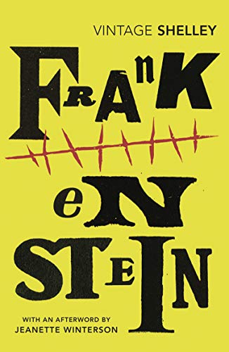 Book cover of Frankenstein by Mary Shelley with black text on a yellow background.