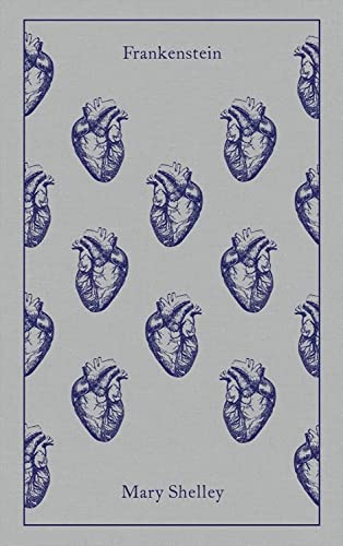 Book cover for “Frankenstein” with a repeating anatomical heart pattern.