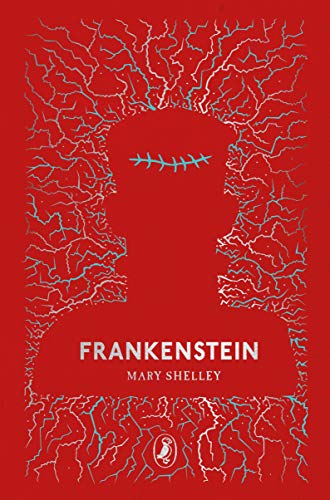 Red book cover with white illustration of Frankenstein's monster and author's name, Mary Shelley.