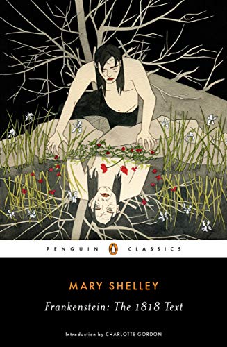 "Book cover of 'Frankenstein: The 1818 Text' featuring an illustration of the monster and a woman."