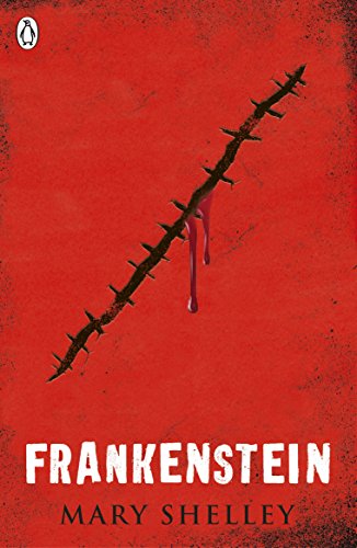 Red book cover for “Frankenstein” with barbed wire and dripping blood.