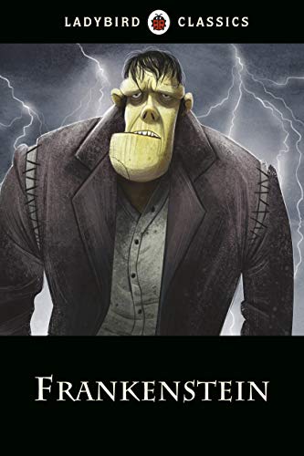 Book cover featuring an illustration of Frankenstein's monster against a lightning storm background.