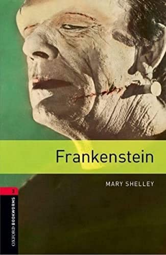 Book cover of “Frankenstein” featuring a stitched, pale face.