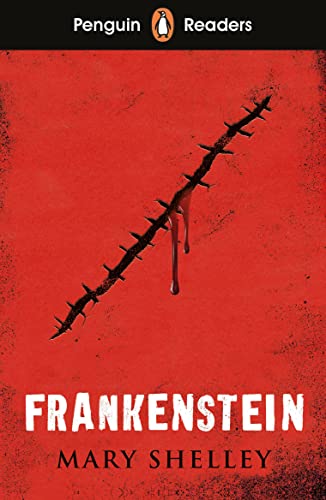 Book cover for Frankenstein by Mary Shelley featuring a stitched wound on red background.