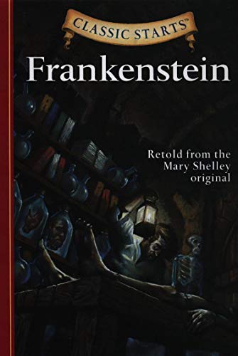 Book cover for “Frankenstein” featuring a laboratory scene and title text.
