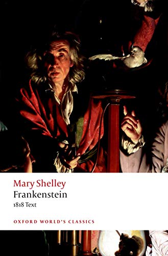 Book cover featuring a dark painting of a man with a bird, titled Frankenstein.