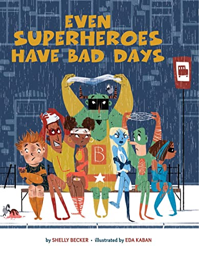 Colorful illustration of diverse superheroes waiting at a rainy bus stop.