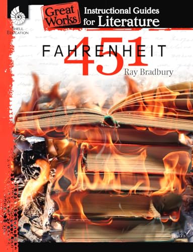 Fahrenheit 451" instructional guide cover with burning books imagery.