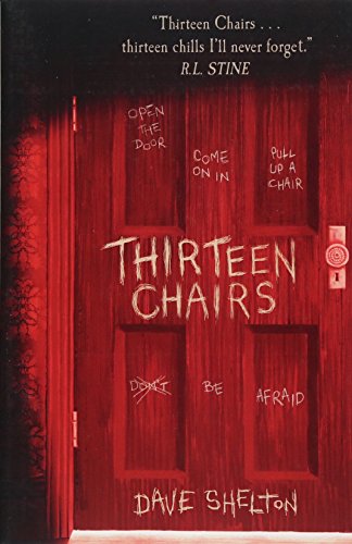 Book cover for Thirteen Chairs showing a red wooden door with handwritten text.
