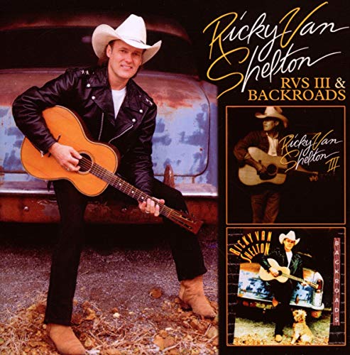 Ricky Van Shelton wearing a cowboy hat and leather jacket, playing acoustic guitar.