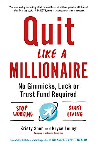 Book cover with red text reading "Quit Like a Millionaire" and travel imagery.