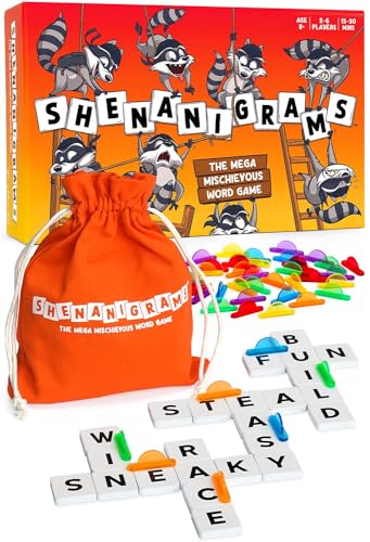 Game box with cartoon raccoons, letter tiles, and a drawstring bag.