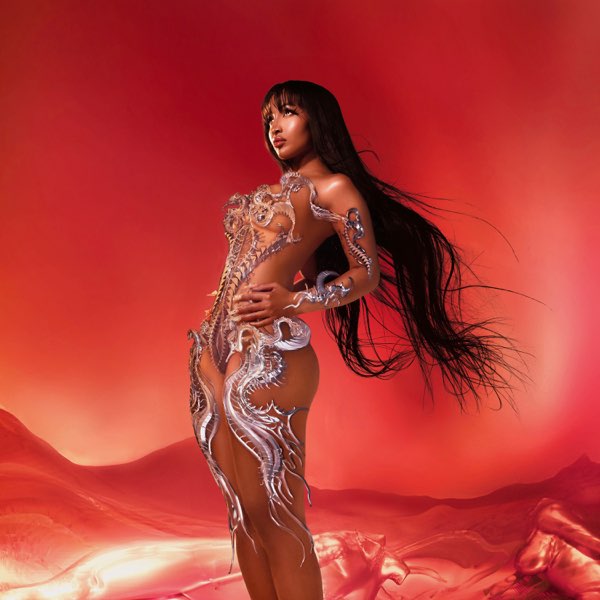 Shenseea album cover: artist in silver outfit, red background.