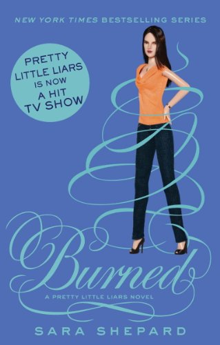 Book cover for Burned by Sara Shepard featuring a doll-like woman on blue background.