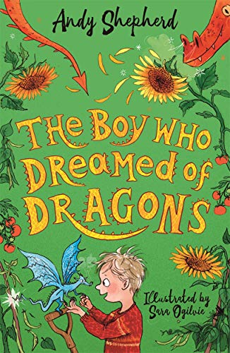 Book cover: boy with small blue dragon, sunflowers, and red dragon above.