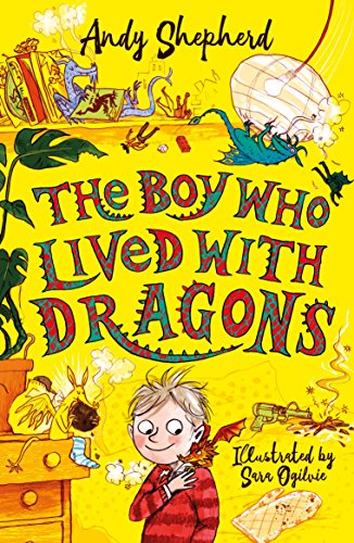 "Book cover featuring a boy surrounded by dragons on a yellow background."