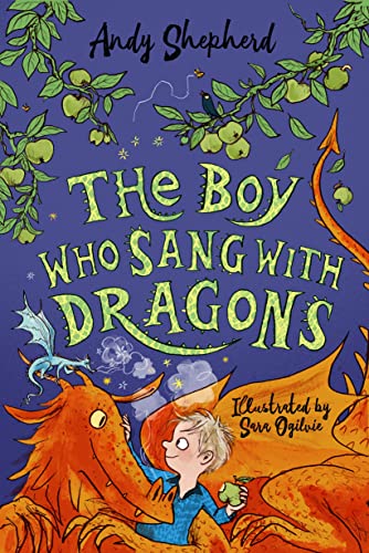Book cover: boy with orange dragon, apples, and starry night sky.