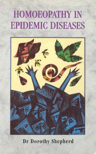 Book cover titled Homoeopathy In Epidemic Diseases featuring abstract illustrations of people and insects.