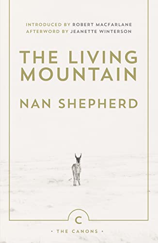 Book cover: "The Living Mountain" with a reindeer in snowy landscape.