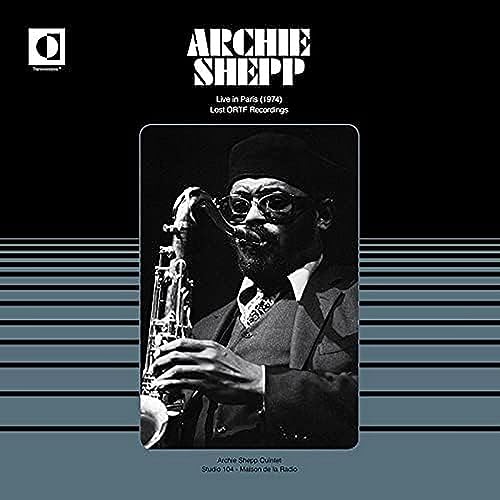 Archie Shepp portrait with saxophone, album cover for "Live In Paris (1974)".
