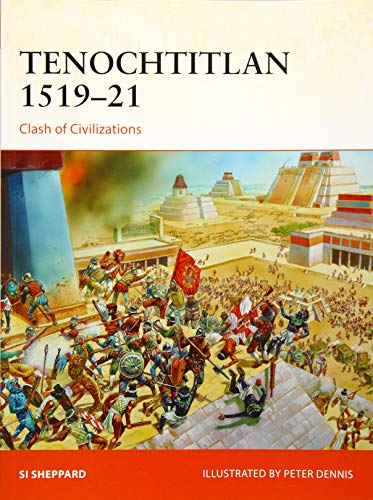 Book cover art depicting Spanish conquistadors and Aztec warriors fighting in front of pyramids.