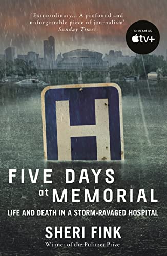 Book cover showing a hospital H sign partially submerged in floodwaters during a storm.
