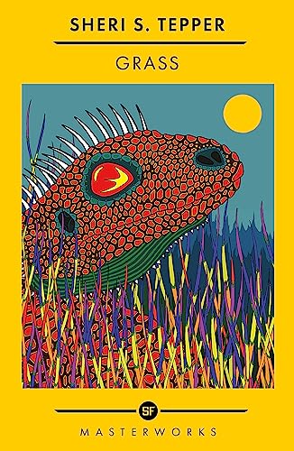 Book cover: "Grass" with a colorful, patterned dinosaur head and yellow sun.