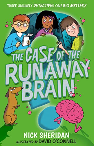 Book cover: three kids, a dog, and a brain investigate a mystery.