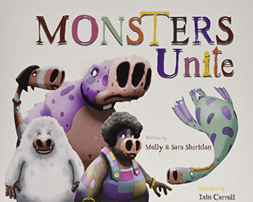 Colorful illustrated children’s book cover featuring four friendly monsters.