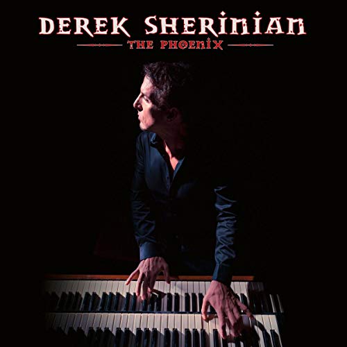 Derek Sherinian's album cover: a man playing piano against a black background.