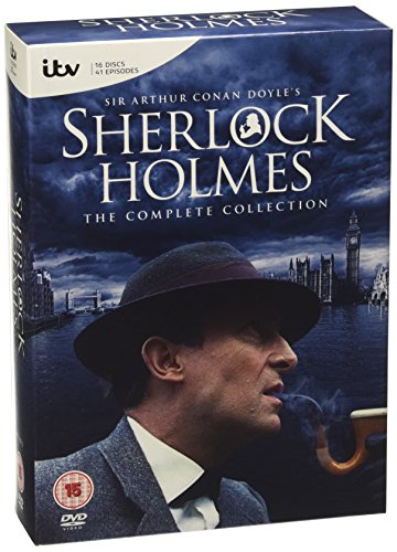 DVD cover for "Sherlock Holmes" featuring a man in a hat smoking a pipe.