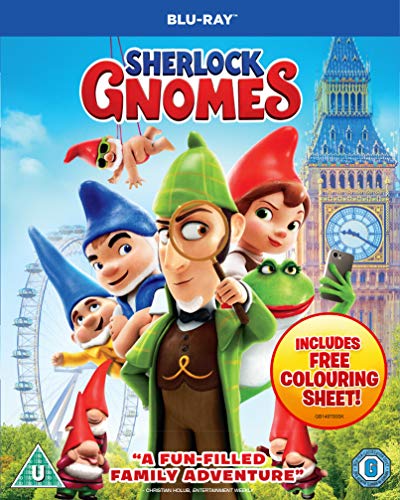 Sherlock Gnomes" Blu-ray cover featuring cartoon gnomes in front of London landmarks.