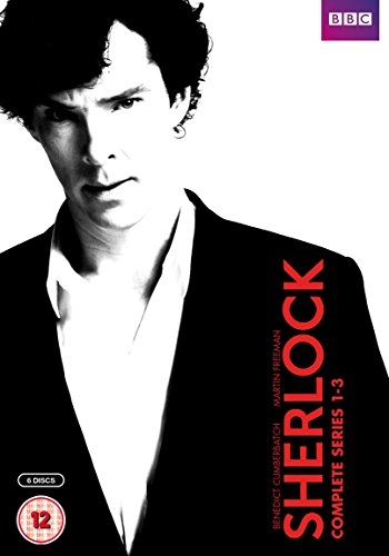DVD cover featuring Benedict Cumberbatch as Sherlock, with red title text and BBC logo.
