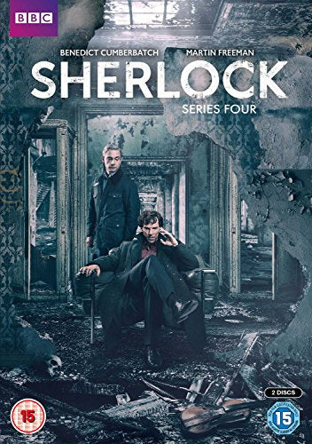 DVD cover for "Sherlock Series Four" featuring two men in a damaged room.