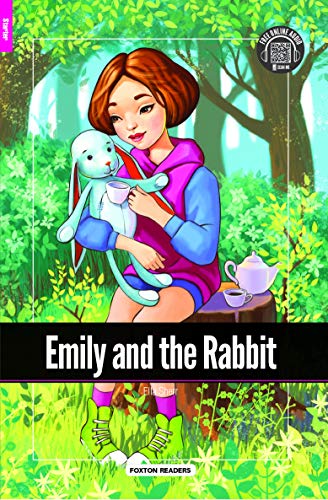 Girl with a blue rabbit sits on a log in a green forest.