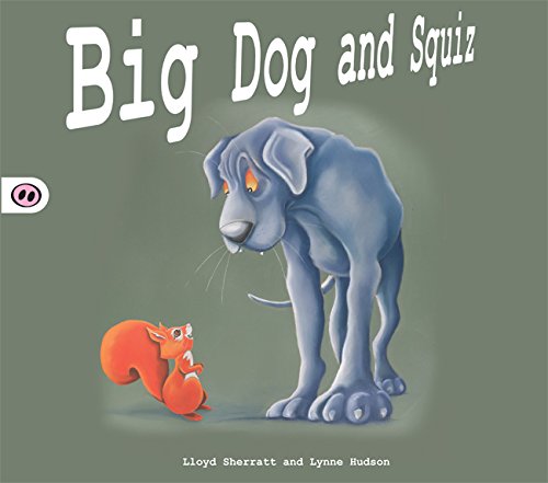 Large blue dog looking down at a small red squirrel.