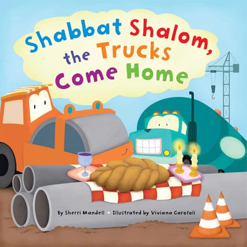 Children’s book cover with cartoon trucks, challah, and Shabbat candles.